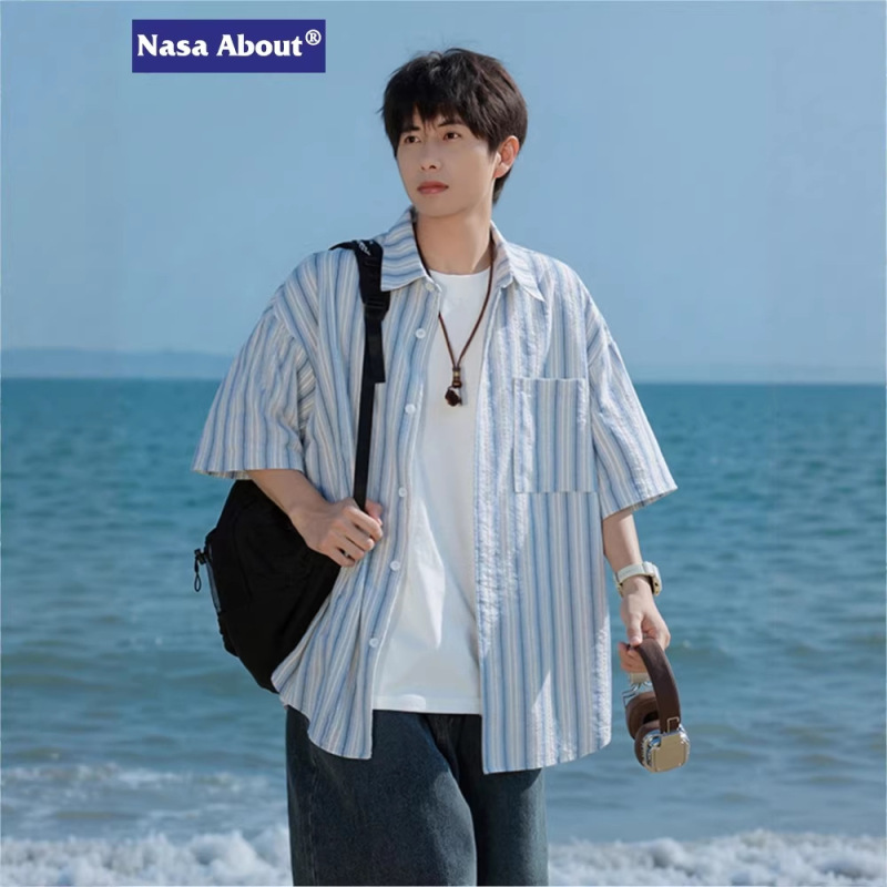 Nasa Ice Silk Striped Short-Sleeved Shirt Men's Summer Thin Youth High-End Casual Shirt Men's Jacket
