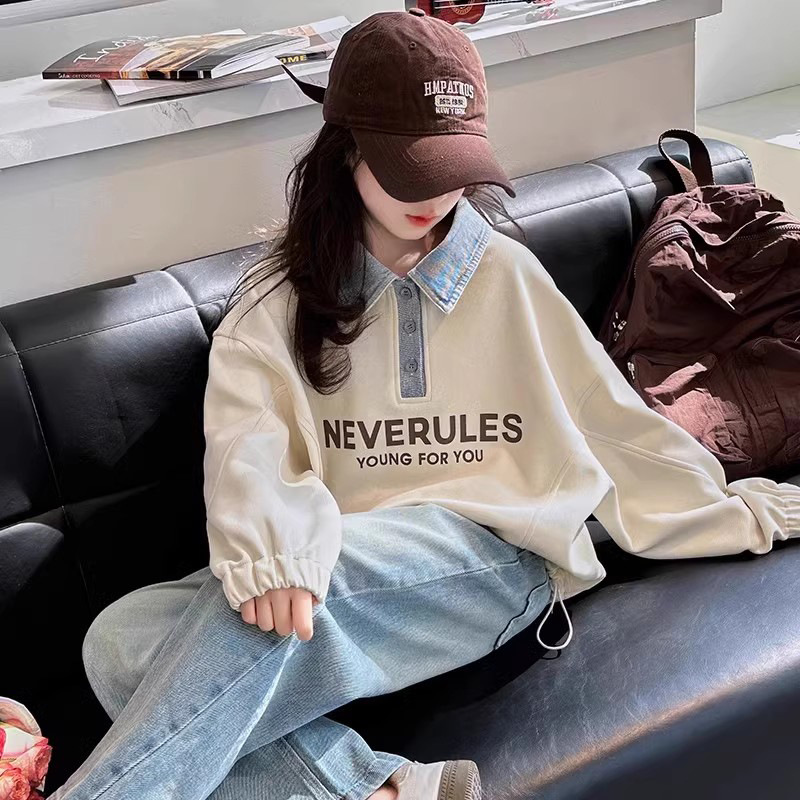 Girls' Sweatshirt New Stylish Spring and Autumn Style Autumn Turn-Down Collar Printed Pullover Top for Older Children