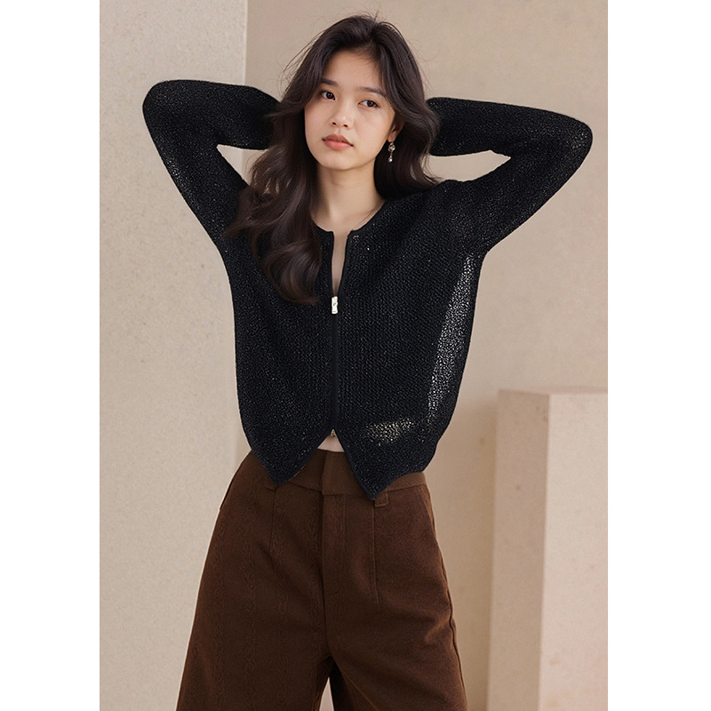 [Bc Order] Hollow-Out Sequined Black Knitted Cardigan for Women, 2025 Autumn New Style, Elegant Double-Zipper Top