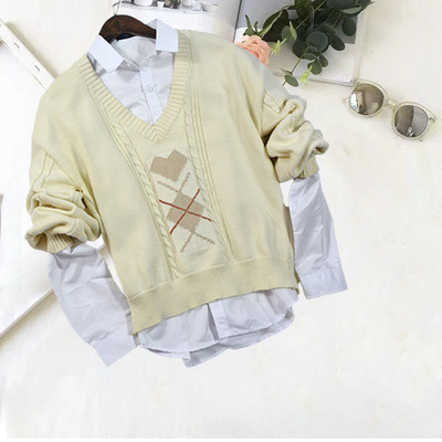 日系學院風JK制服V領溫柔毛衣 寬松燈籠袖套頭慵懶風女針織衫定制