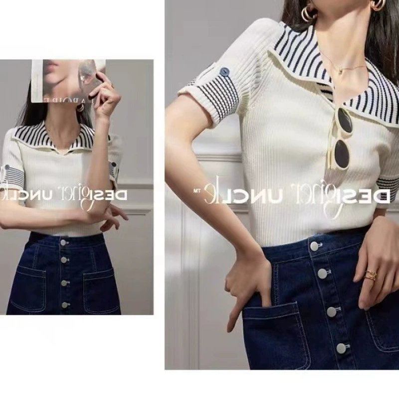 Вязаный женский тонкий топ из ледяного шелка с короткими рукавами в белую полоску и короткими рукавами, легкий роскошный женский топ с уличным воротником