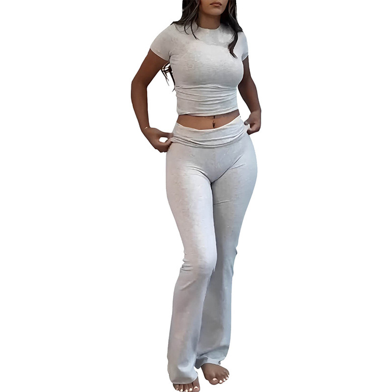 Europe and the United States cross-border hot-selling leisure exercise women's two-piece crew neck T-shirt low waist flared pants sportswear suit