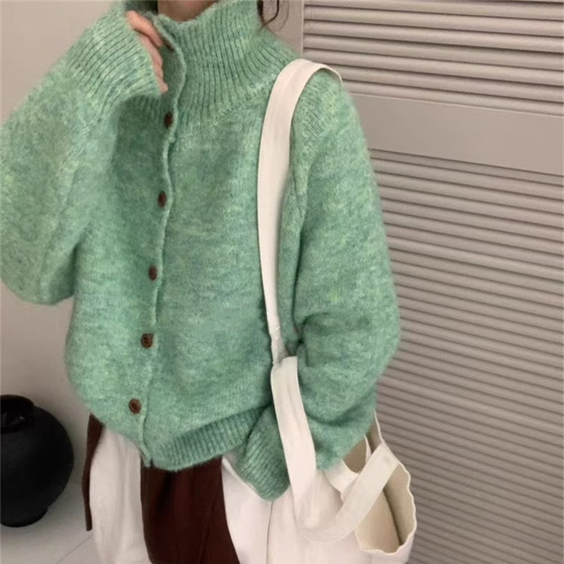 慵懒风翻领纯色针织开衫外套时尚百搭秋冬新款韩系减龄毛衣上衣女|undefined