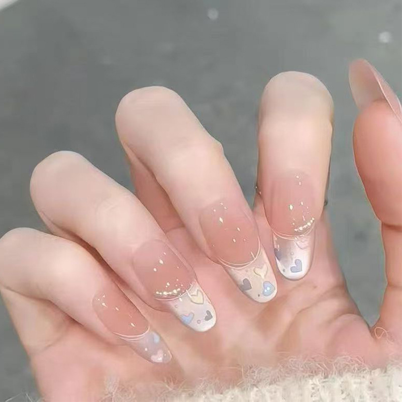 Nude Pink Heart Heartbroken Diamond Wearable Nails Gentle Girly Heart Sweet Dreamy Heart Nail Patches Pre-Made Manicure Nails