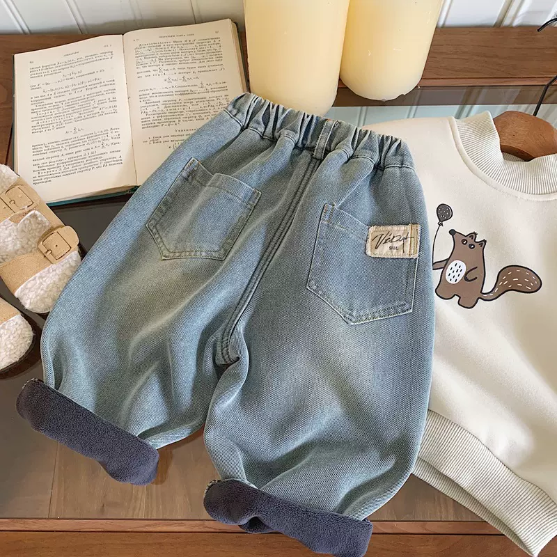 男童一体绒牛仔裤秋冬装2024新款儿童韩版宽松裤子中小童柔软长裤