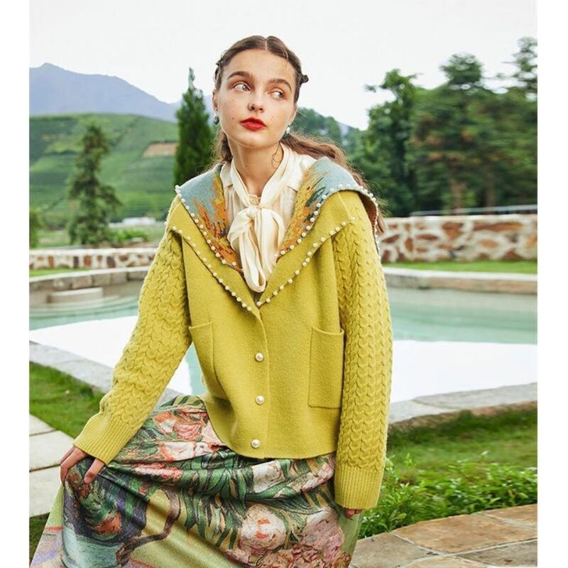 Retro Beaded Knitted Jacket for Women 2025 Autumn and Winter New Loose and Versatile Oil Painting Navy Collar Thickeneded Cardigan Sweater