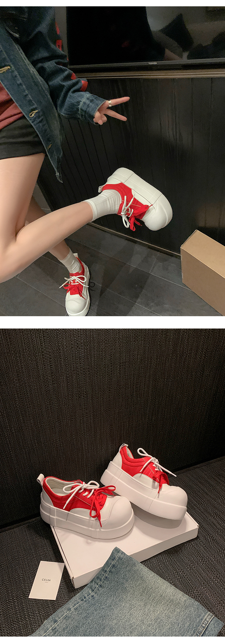 Giày sneaker nữ chunky đế dày mũi tròn phối màu dây buộc cổ sâu — màu trắng, màu đỏ chi tiết 10