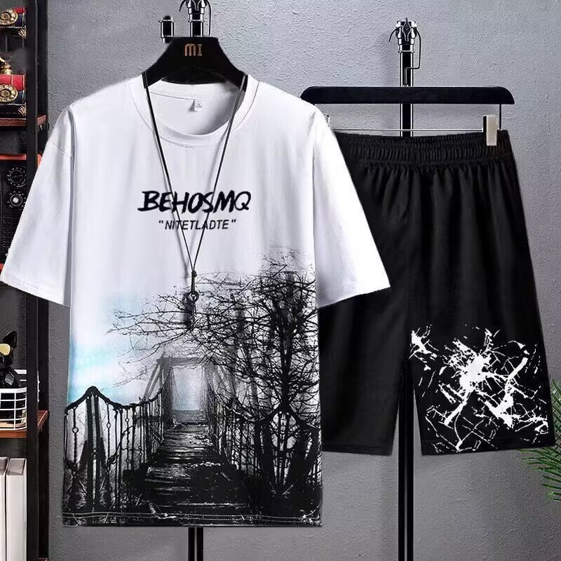 Traje casual de verano Camiseta de manga corta de seda de hielo de secado rápido ultrafino para hombre Pantalones cortos deportivos de 5 puntos para correr traje de dos piezas