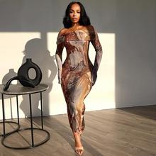 欧美风速卖通外贸女2024秋冬款复古印花性感一字肩长袖一步连衣裙