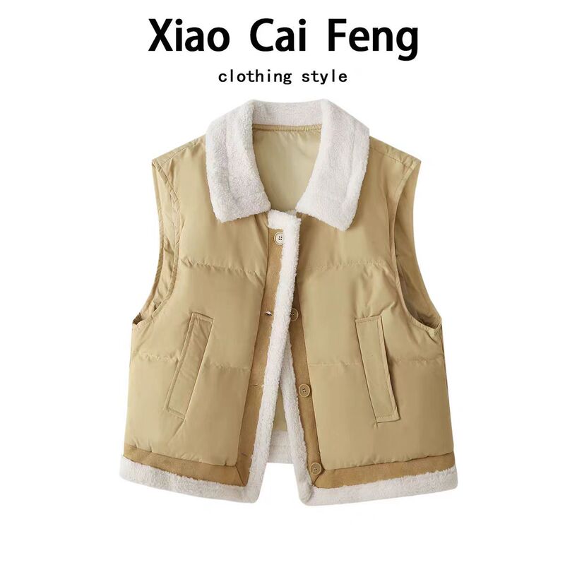 Lamb Wool Lapel Sleeveless Cotton Vest for Women 2025 Winter Fleece-Lined Thickeneded Layered Warm Vest Vest Jacket