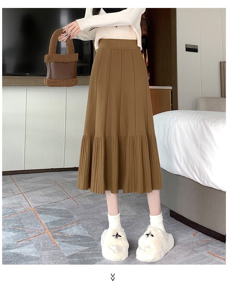 Pleated Knitted Skirt Women'S Autumn And Winter New Fashion High Waist Korean Version Casual And Thin Big Swing Skirt A-Shaped Skirt Umbrella Skirt 45 Undefined
