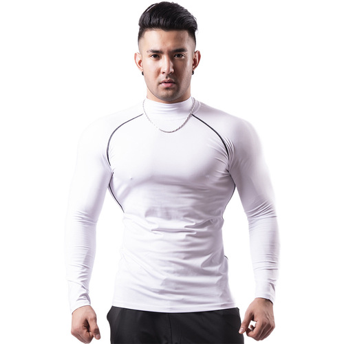 Cross-border fitness clothing for men in autumn and winter high-elastic stand-up collar PRO tights sweat-proof quick-drying T-shirt running sports clothing