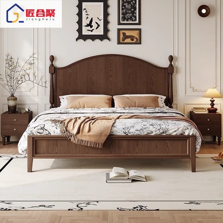 Medieval Style Solid Wood Bed, Retro Home Walnut Color Master Bedroom Bed, Double Matt Bed, Widened Storage Bed, American Bed