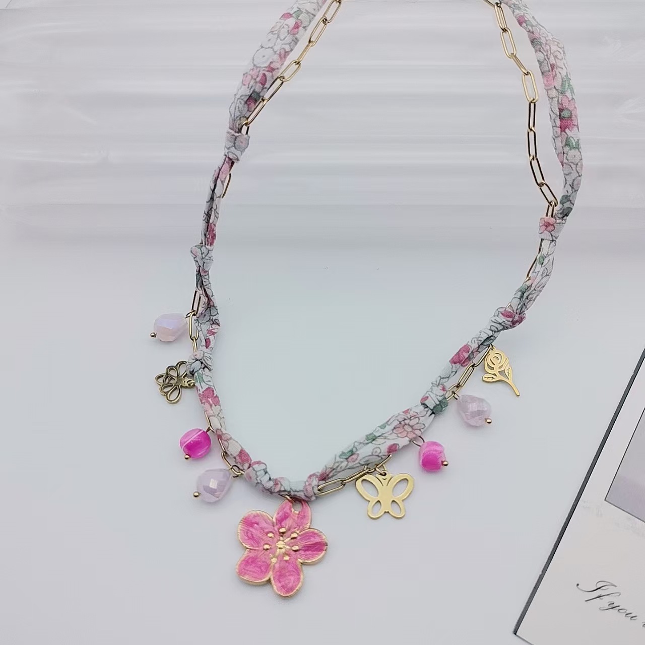 Flower Butterfly Elegant Beach 304 Stainless Steel Artificial Crystal Cloth Layered Necklaces Multi Charms Necklace Wholesale display picture 4