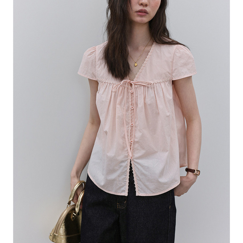 Pink V-Neck Lace Pleated Shirt for Women, New Summer Style, Sweet Lace-Up Pure Cotton Top Pink V-Neck Lace Pleated Shirt for Women, New Summer Style, Sweet Lace-Up Pure Cotton Top