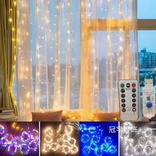 跨境亚马逊圣诞节日装饰USB八功能遥控彩灯串 3*3米LED铜线窗帘灯