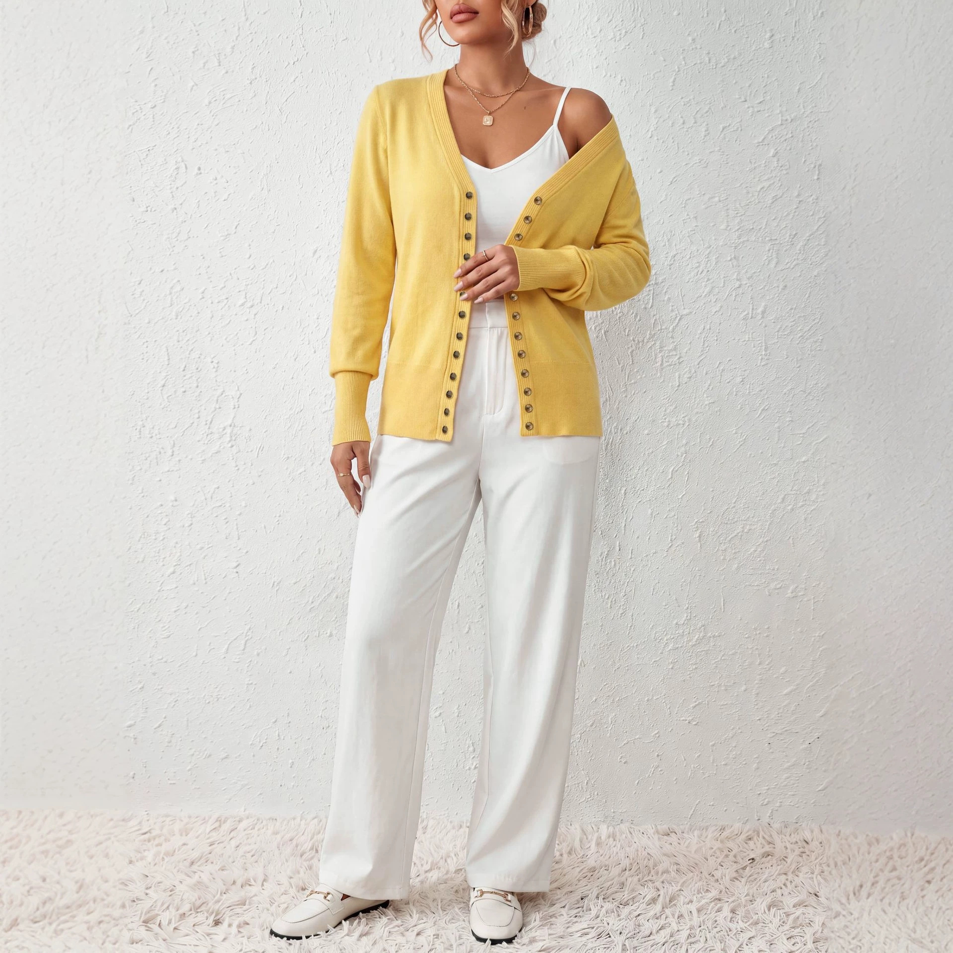 Yellow V-neck knitted cardigan women's long-sleeved slim design sweater jacket spring and autumn new fashion versatile top