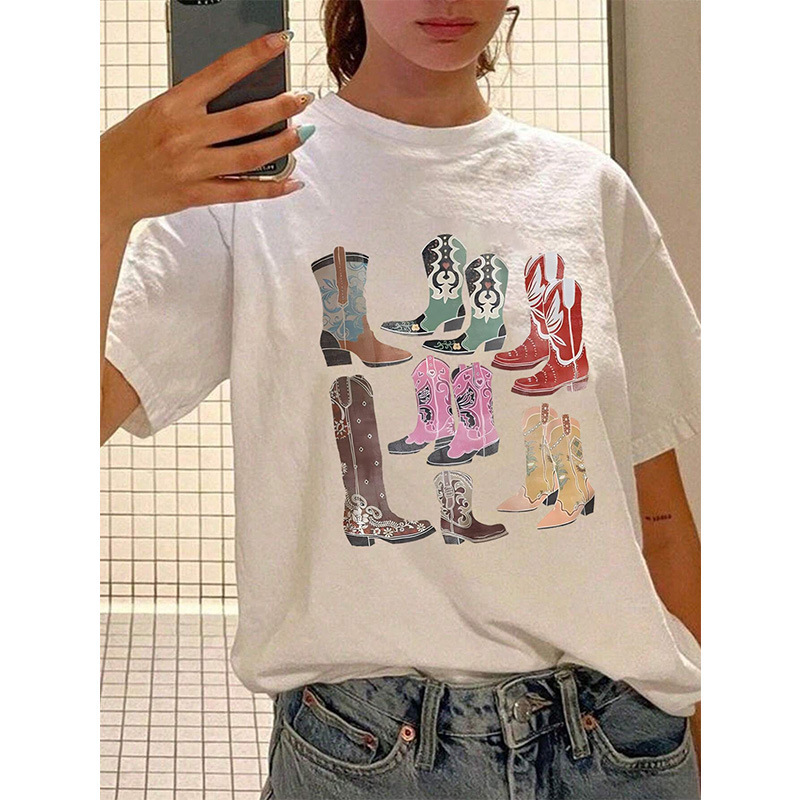 2025 Cross-Border Amazon Hot-Selling Western Cowboy Boot Print Short-Sleeved T-Shirt Casual Spring and Summer Street Fashion Top