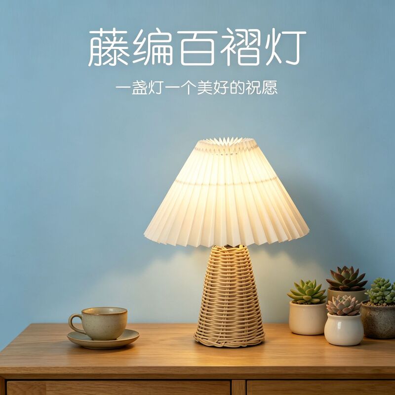 Nordic Pleated Ins Table Lamp with Rattan Decoration, Vintage Bedroom Bedside Lamp, High-End Atmosphere Night Light Nordic Pleated Ins Table Lamp with Rattan Decoration, Vintage Bedroom Bedside Lamp, High-End Atmosphere Night Light