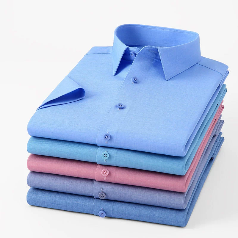 Новый стиль, мужская эластичная рубашка из бамбукового волокна с короткими рукавами, мужская тонкая однотонная деловая повседневная рубашка против морщин, без глажки