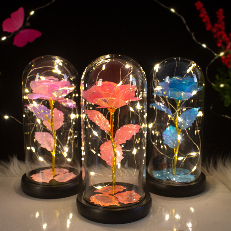 Christmas Bestseller Cross-Border LED Light-Glowing Rose Flower Glass-Cover Gift Box Valentine's Day Gift Birthday Present
