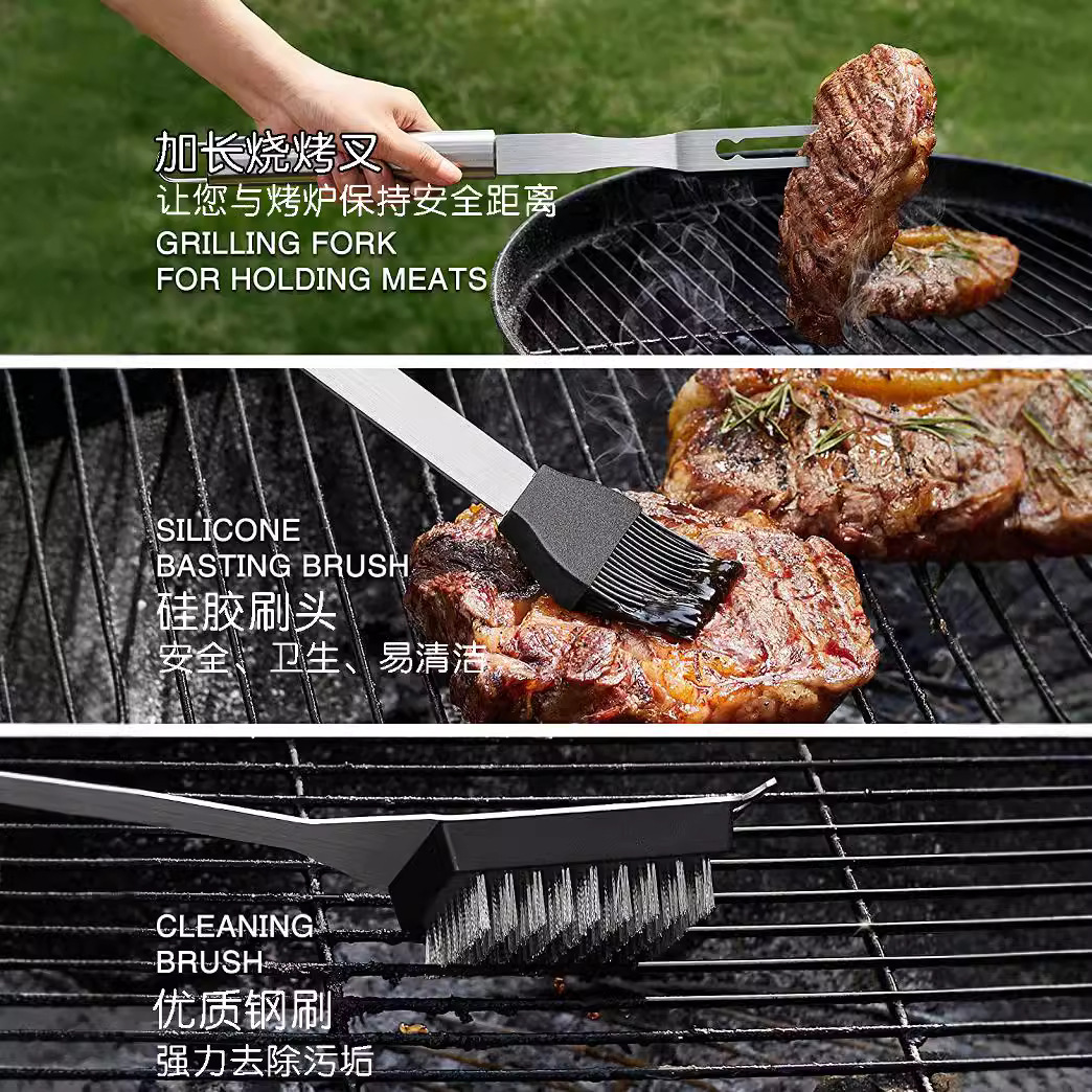 Exportación de Amazon herramientas de barbacoa de acero inoxidable traje de barbacoa al aire libre accesorios pala tenedor clip cepillo herramientas de barbacoa
