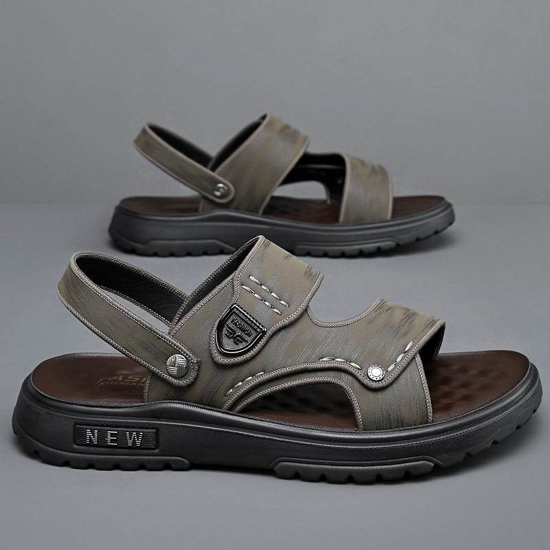 Dép sandal nam quai ngang hở ngón đế dày lót cao su mềm, đi ngoài trời và đi biển — QS991 màu kaki, QS991 màu đen