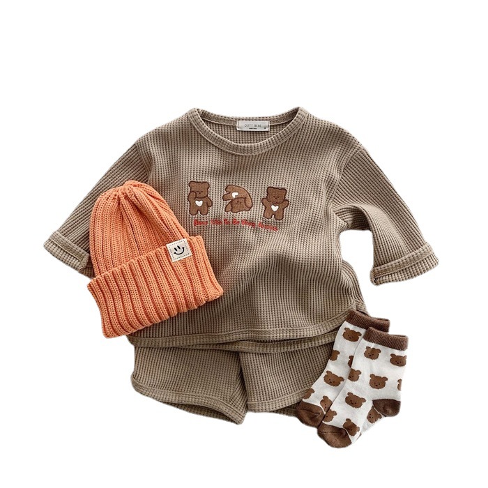 Traje de otoño para niños estilo coreano ropa para niños bebé Tres Osos traje bebé Otoño waffle traje de dos piezas primavera y otoño