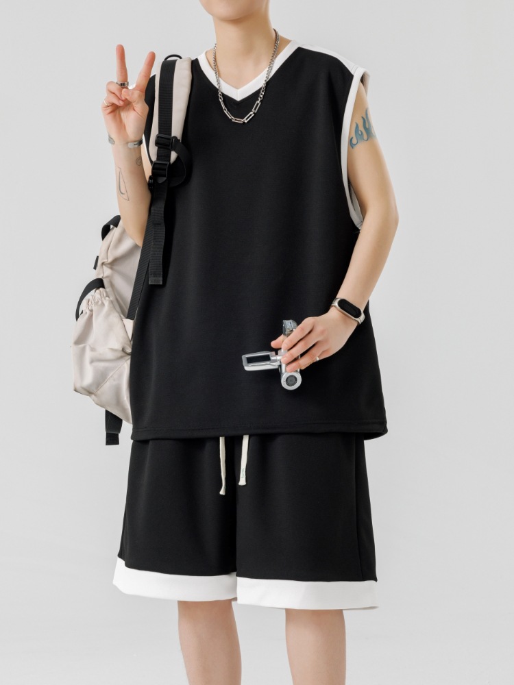 Camiseta sin mangas con cuello en V para hombres jóvenes Traje deportivo suelto de verano Chaleco guapo y pantalones cortos de dos piezas para hombres