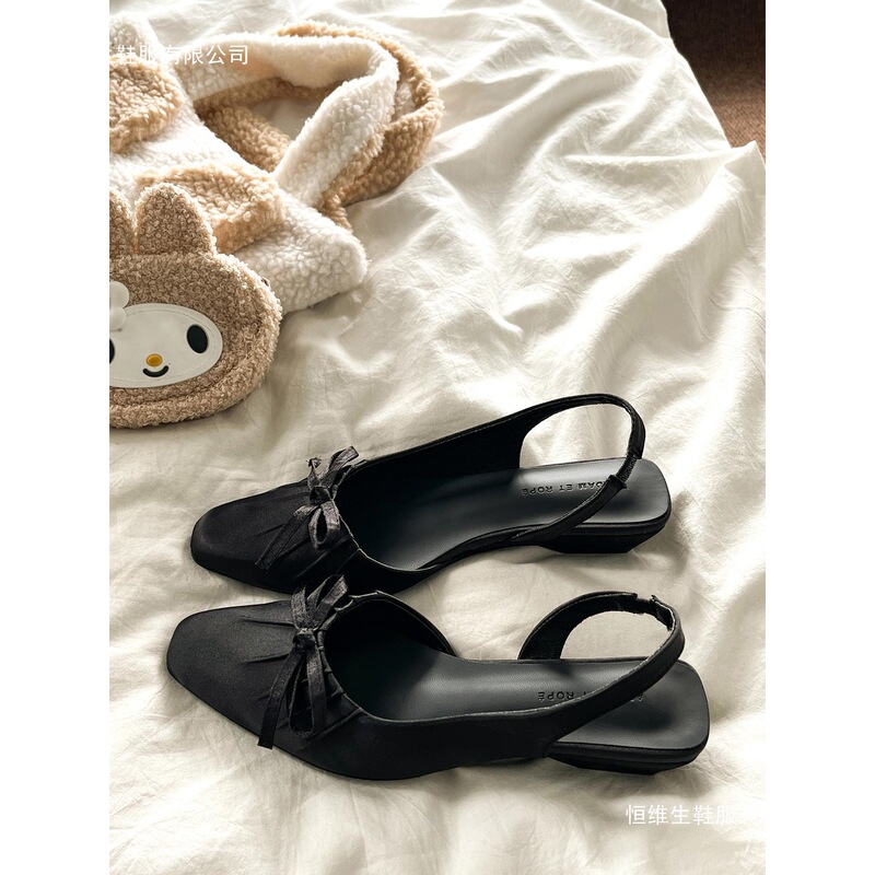 French-style small square-toed wedge heel closed-toe sandals for women, 2026 summer new model, fairy-style ruched bow backless shoes French-style small square-toed wedge heel closed-toe sandals for women, 2026 summer new model, fairy-style ruched bow backless shoes