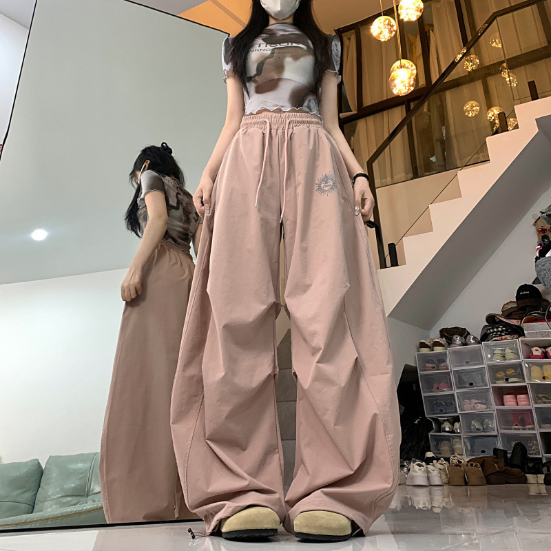 美式褶皱工装运动裤女夏速干宽松爵士舞宽松阔腿裤伞兵弯刀裤|undefined