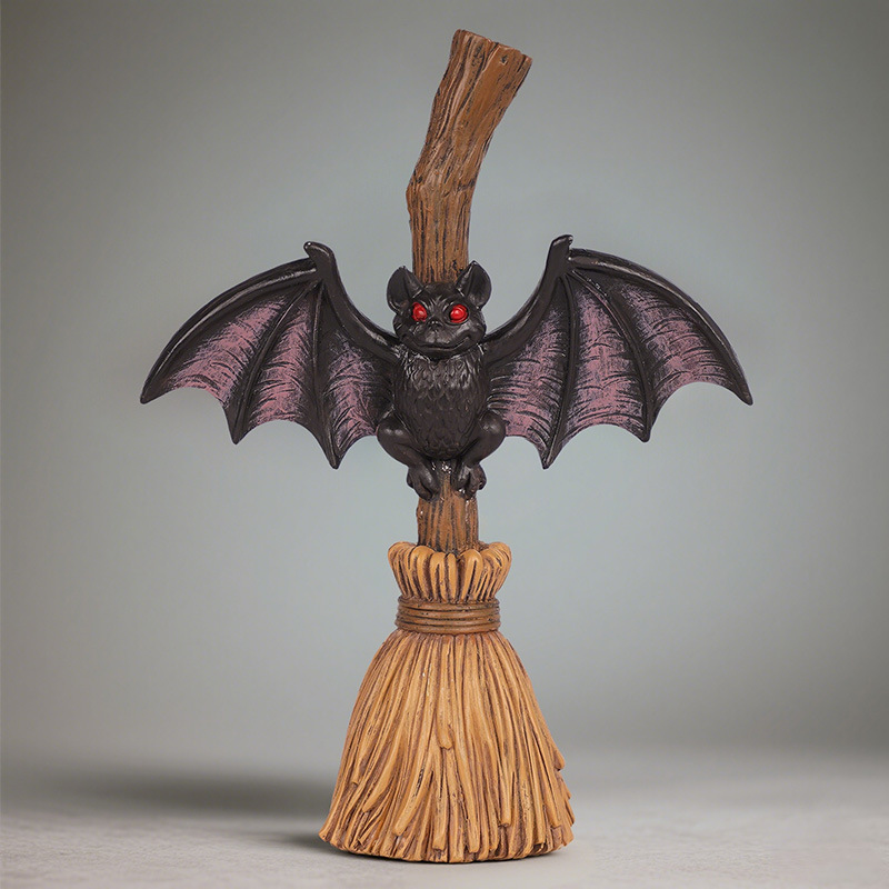 Overseas Hot-Selling Halloween Broom Bat Resin Ornaments Home Desktop Holiday Props Decoration Small Ornaments