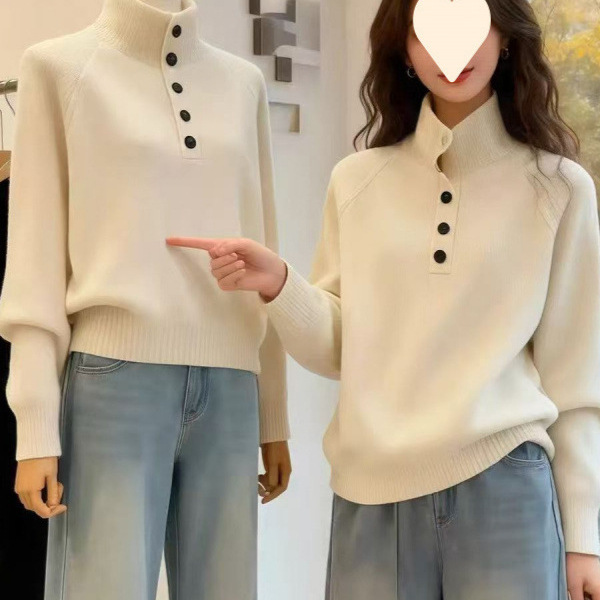 부드러운 스웨터 여성 터틀넥 단추 니트 나른한 바람 오버핏 스웨터 감령