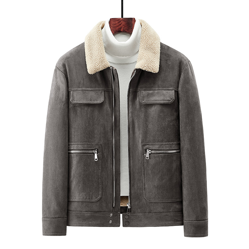 Abrigo de algodón acolchado de gamuza para hombres Otoño e Invierno ropa de trabajo vintage abrigo de algodón acolchado Cuello de piel Chaqueta de algodón acolchado chaqueta forrada de lana de cordero