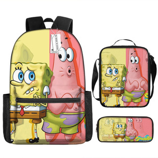 Cross-border Hot Spongebob Children's Printed Backpack for Primary and Secondary School Students Large Capacity Casual School Bag Three-piece Set
