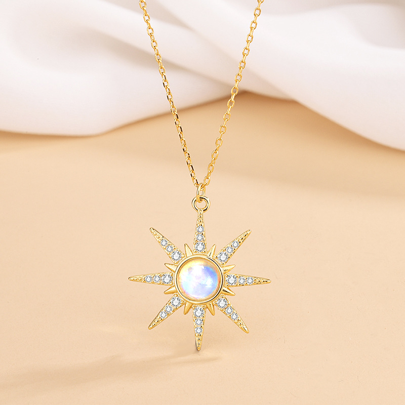 925 sterling silver Chain Material cable chain Chain Type 1 Piece Quantity 925 Sterling Silver Moonstone Cable Chain Plating Eight Awn Star Pendant Necklace