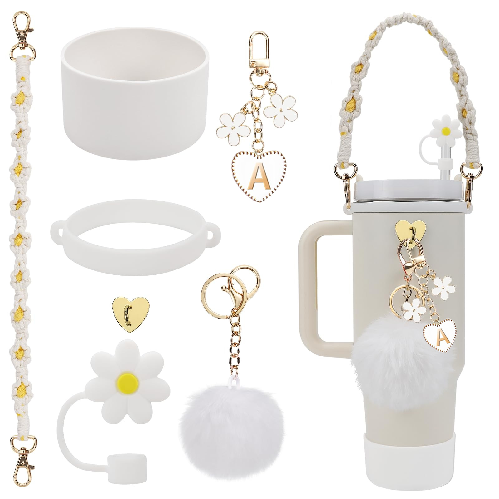 Accesorios de taza Stanley colgante de cuerda de mano flor de silicona gorra de paja de peluche colgante de taza cadena de taza de color cubierta de taza