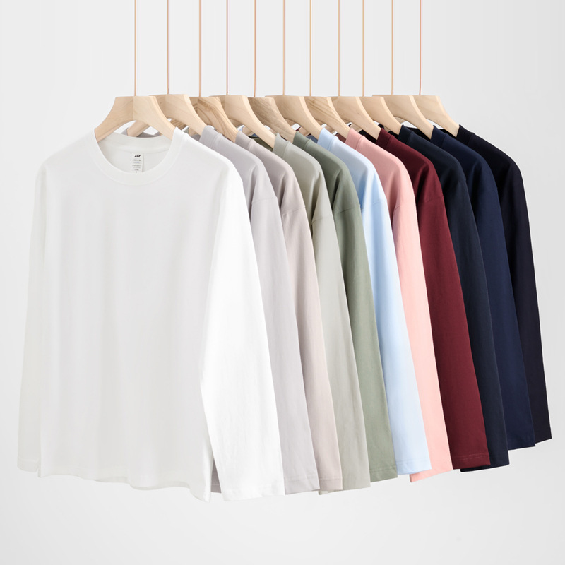 Sanhai Whale | 230g Heavy Cotton White Long Sleeve T-Shirt Men's Base Shirt with Solid Color Men's Crewneck Clothes Sanhai Whale | 230g Heavy Cotton White Long Sleeve T-Shirt Men's Base Shirt with Solid Color Men's Crewneck Clothes