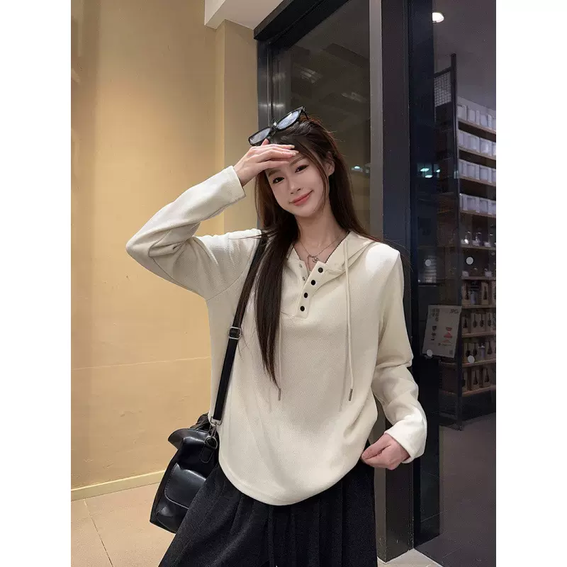 新款280克糯米绒长袖卫衣打底衫女薄款潮春秋纯色新款宽松连帽潮