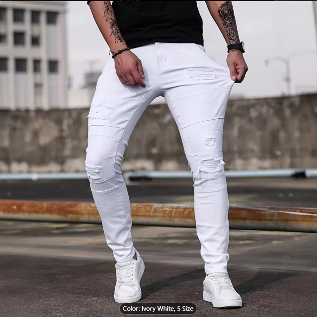 Vaqueros ajustados elásticos de High Street para hombre, vaqueros ajustados casuales, blancos, cómodos, de tela elástica._voghion.com