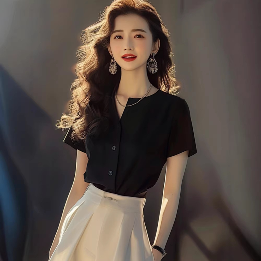 Set áo sơ mi đen phối chân váy midi thanh lịch nữ — màu đen chi tiết 1