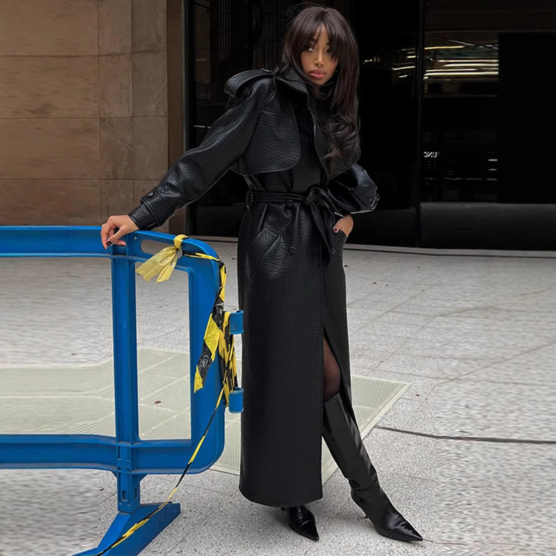 Spring 2025 New Amazon Cross-border Europe and America Long Textured Leather Casual Fashion Coat Coat Belt Spring 2025 New Amazon Cross-border Europe and America Long Textured Leather Casual Fashion Coat Coat Belt