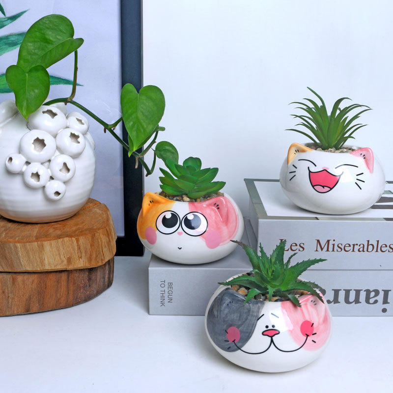 ins风萌系治愈猫咪圆脸造型陶瓷多肉花盆可种真植也可种仿真多肉