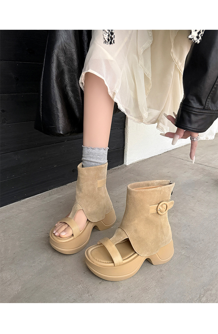 Boot sandal hở mũi gót vuông đế dày da lộn khóa kéo sau — Màu caramel, màu mơ chi tiết 21