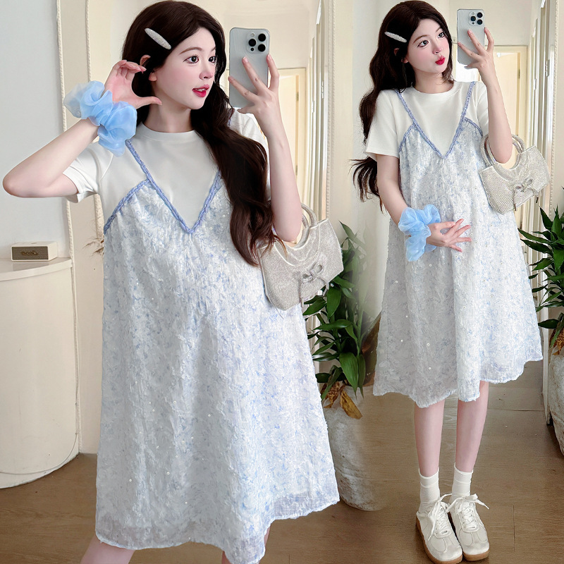 Maternity Dress Summer Three-Dimensional Embroidery Sequin Fake Two-Piece Splicing Design Loose Maternity Dress Maternity Dress Summer Three-Dimensional Embroidery Sequin Fake Two-Piece Splicing Design Loose Maternity Dress