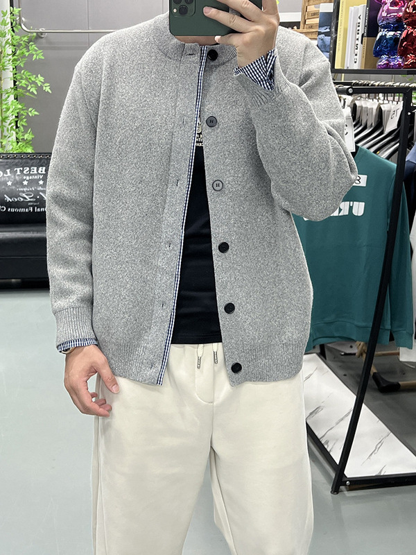 秋冬季新品复古百搭松弛感圆领开衫毛衣慵懒风假两件纽扣针织外套|undefined