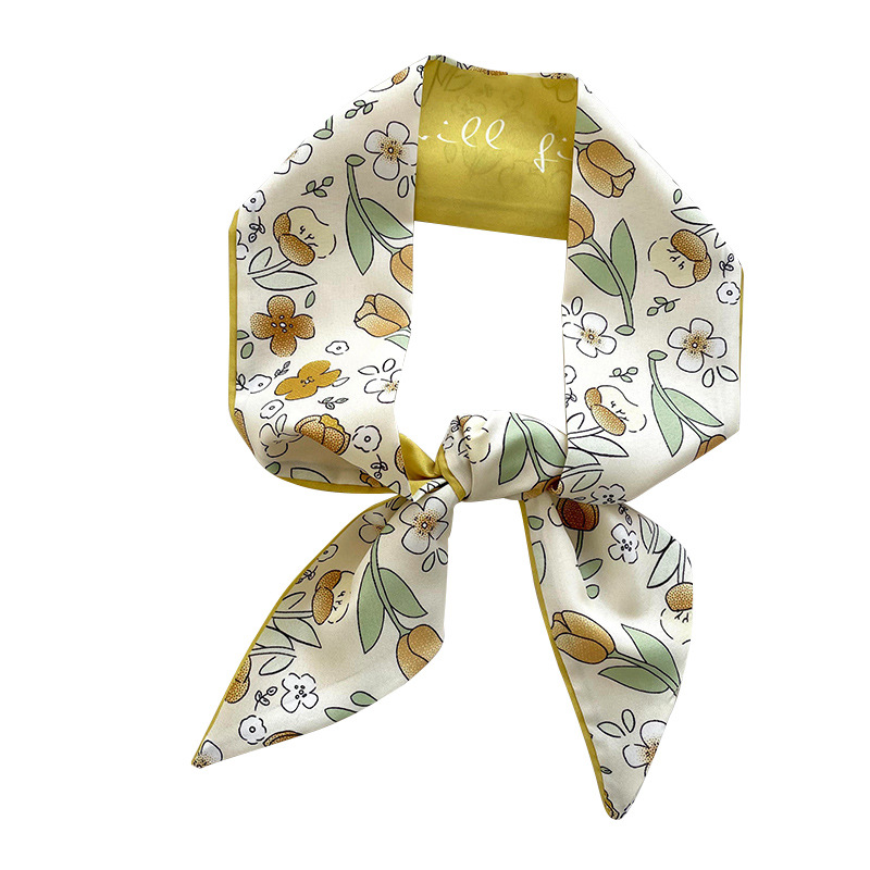 Amarillo Blanco pequeña bufanda de seda para las mujeres de primavera y verano delgada tira estrecha corbata de pelo bolsa decoración de alta sentido bufanda banda de pelo cinta