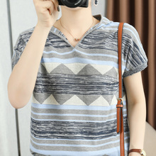 夏款女装纯棉休闲宽松条纹连帽女士针织衫半袖V领套头薄短袖批发