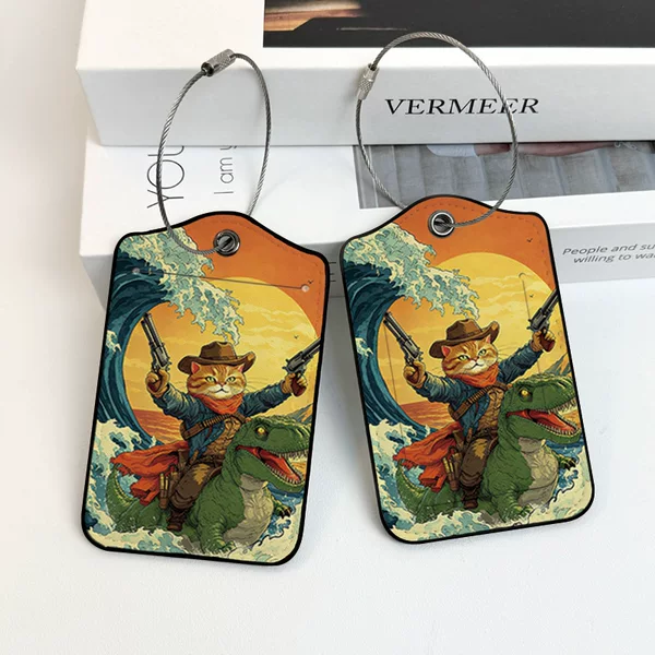 Vibrant and Creative Cat and Dinosaur Luggage Tags, 2-Piece Set, Pu Boarding Pass-Style Metal Ring, Identification Tags for Bags, Cats, and Dog Houses