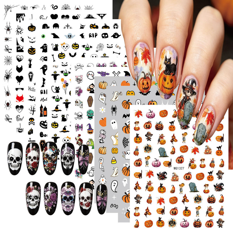 New Halloween Nail Art Stickers Cross-Border E-Commerce DIY Set Pumpkin Halloween Skull Nail Art Stickers